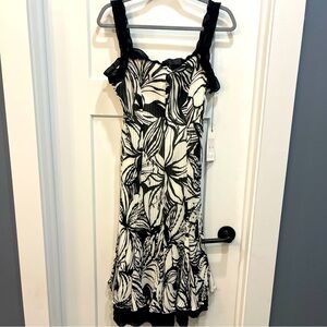 Simon Chang Women’s Dress Size 8 Black White Style A5029 Floral‎ Print Midi